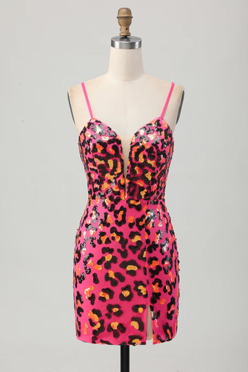 Fuchsia Bodycon Spaghetti Stropper Pailletter Homecoming Kjole med Slids